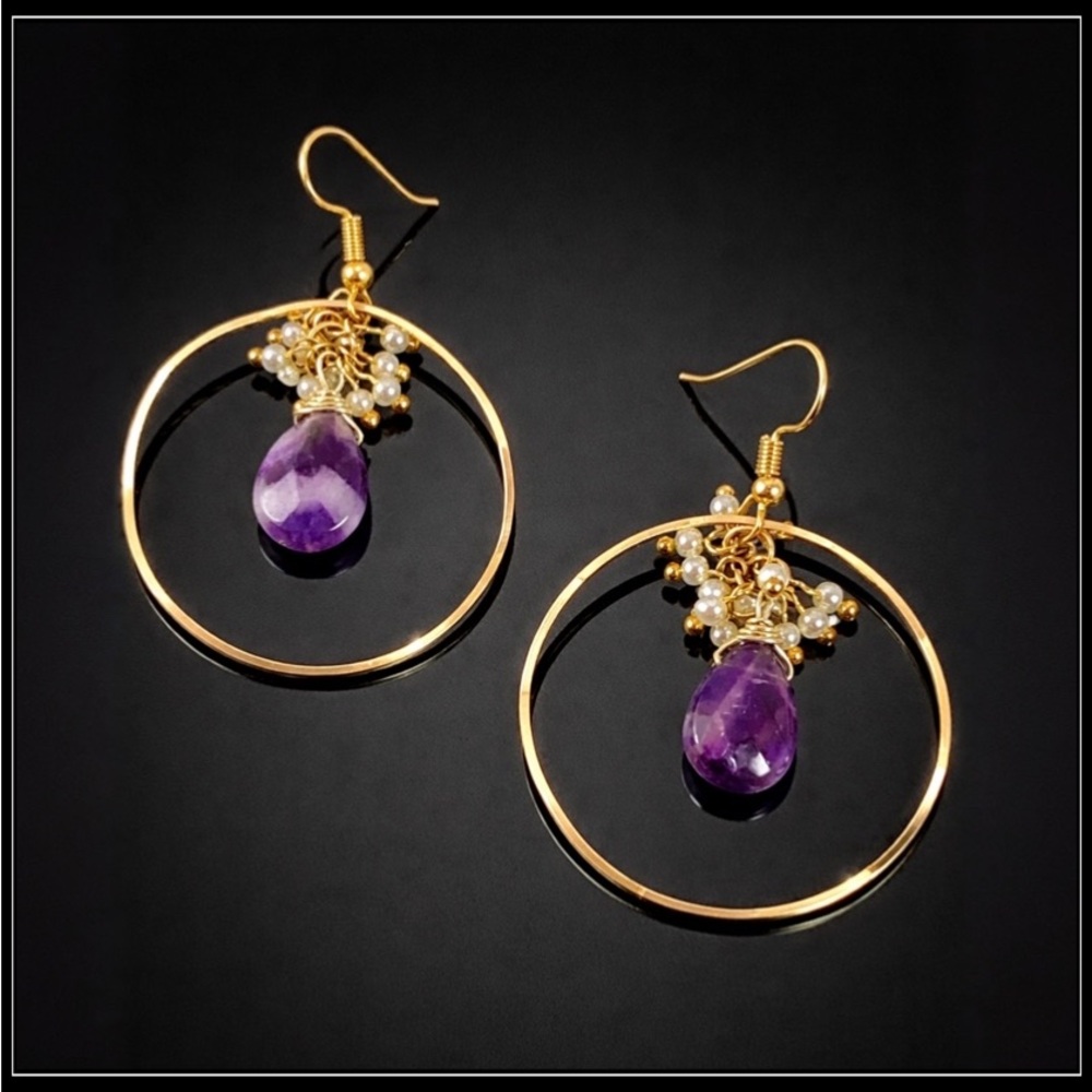 New 14k gold Purple simulated amethyst pearl Beveled hoop boho earrings